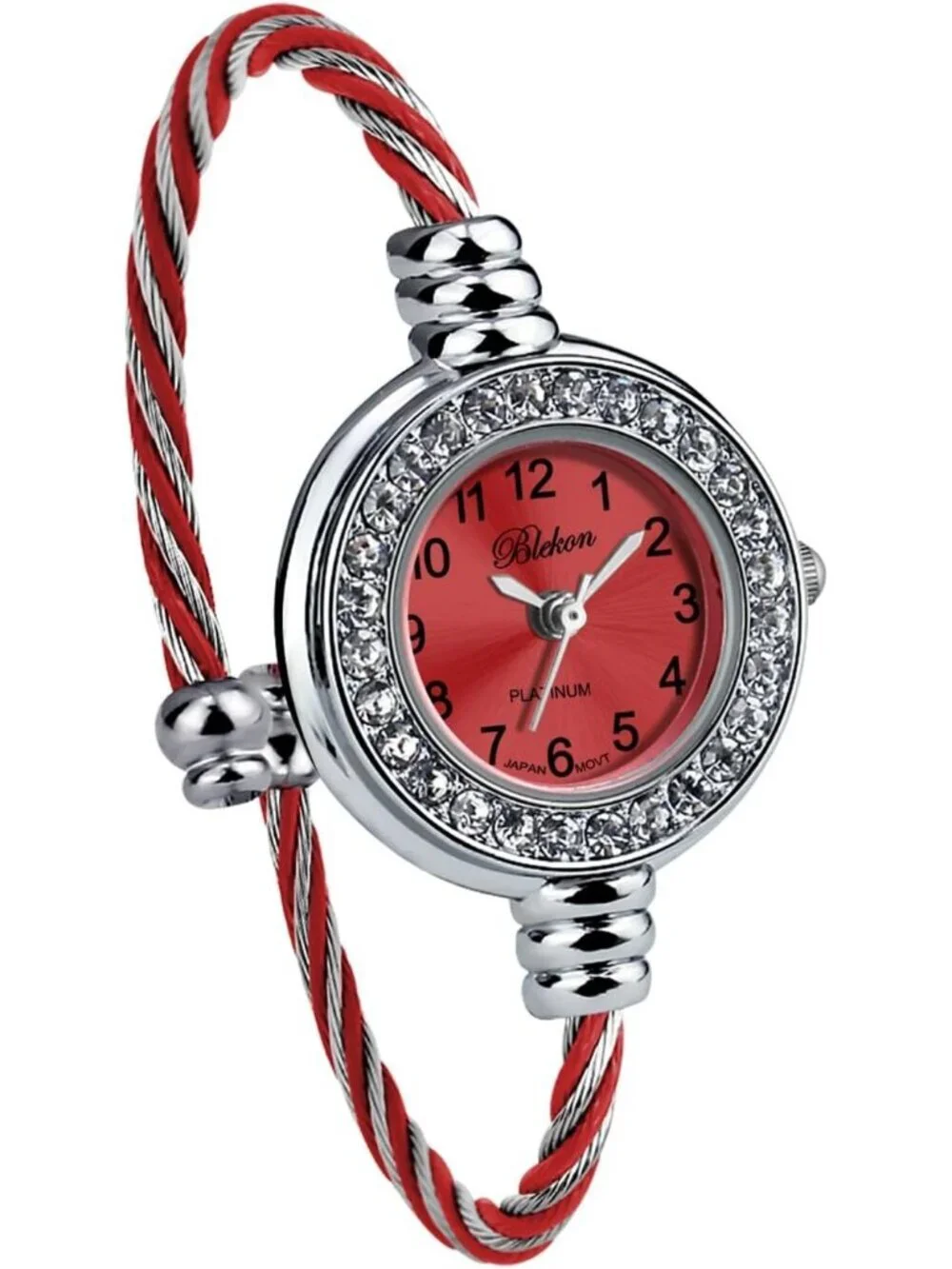 Women's Silver And Red Analog Cable Cuff Arabic Number Rhinestone Bracelet Watch